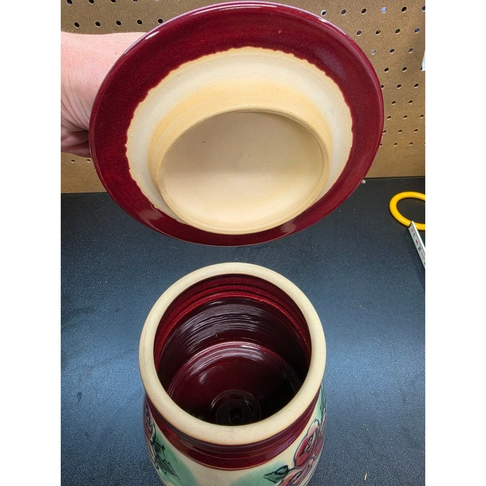 Signed Studio Pottery Rose Canister Burgundy Cream Stoneware Lidded Jar 9.5